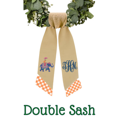 Embroidered  Eastern Themed Elephant and Monkey Wreath Sash: Personalized Door Hanger