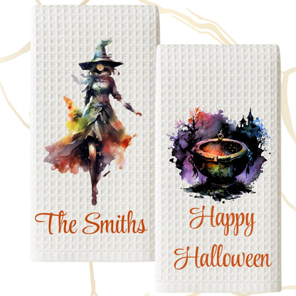 Watercolor Witch Tea Towel Personalized Kitchen Decor, Halloween Pumpkin Accent