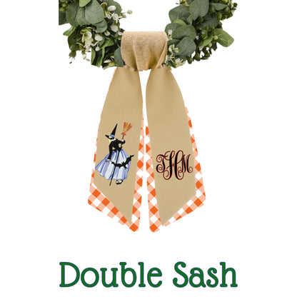 Embroidered Witch Halloween Wreath Sash: Fall Door Hanger