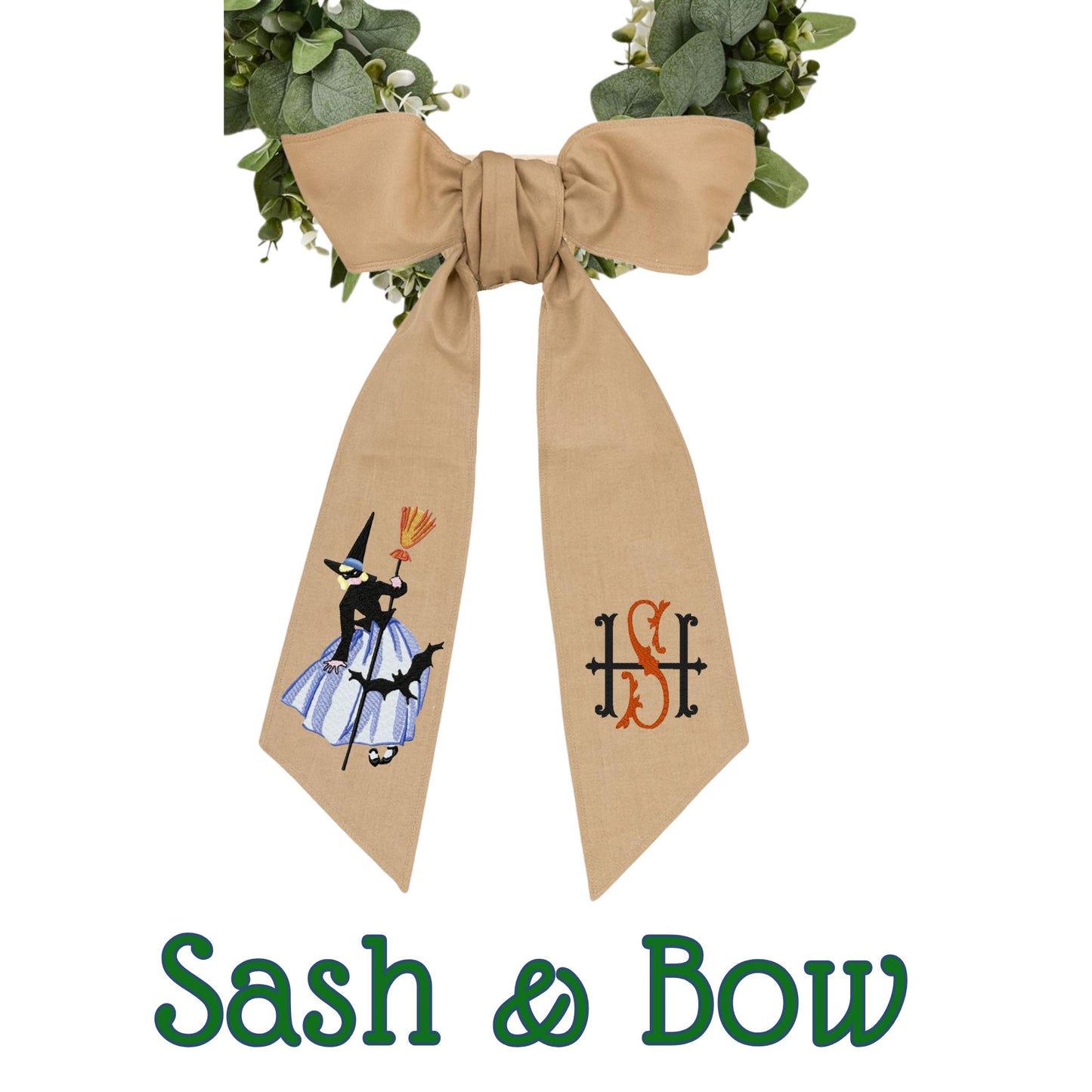 Embroidered Witch Halloween Wreath Sash: Fall Door Hanger