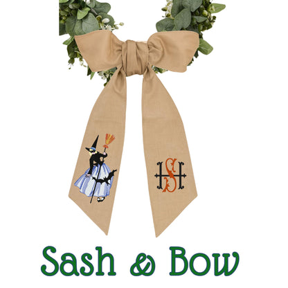 Embroidered Witch Halloween Wreath Sash: Fall Door Hanger