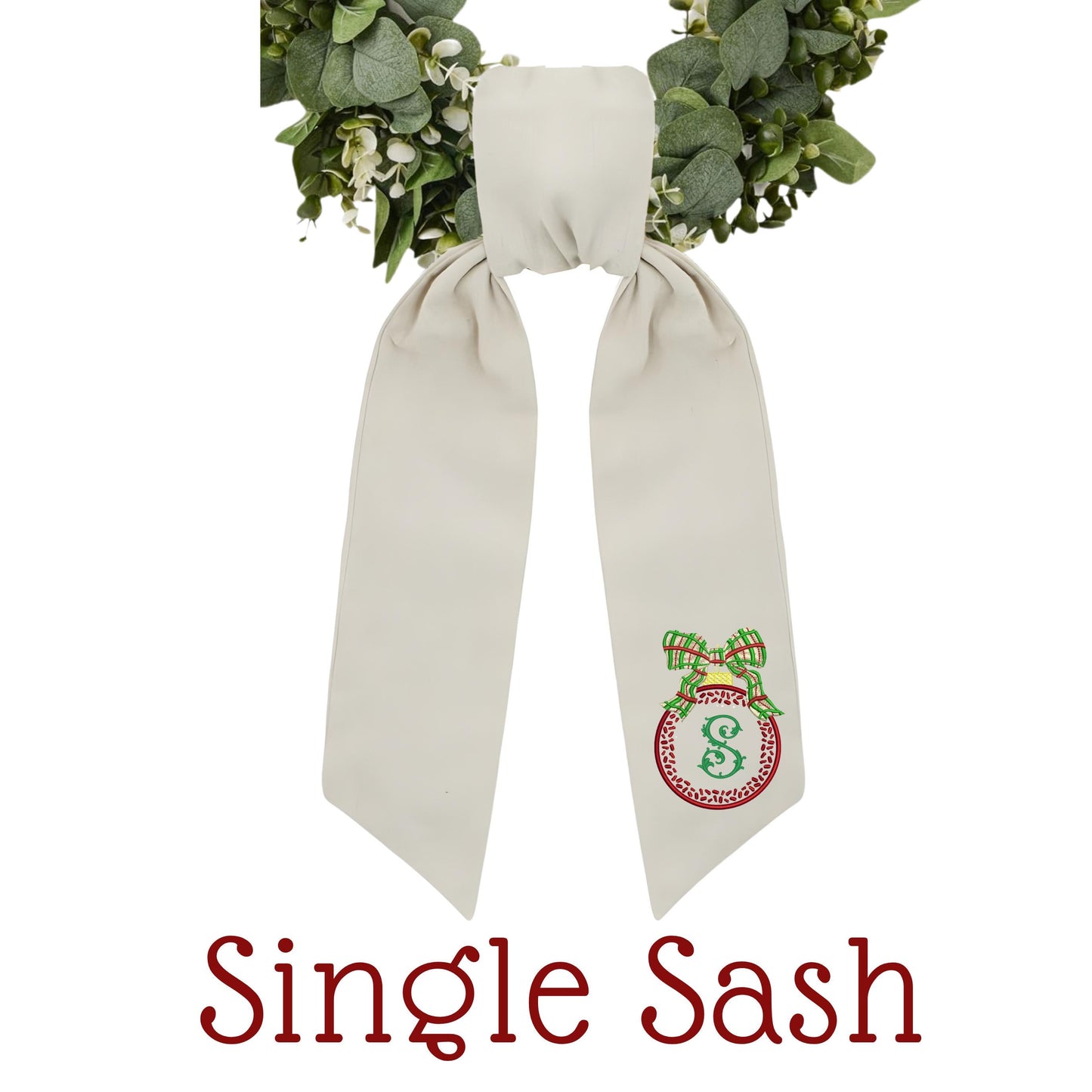 Embroidered Christmas Wreath Sash: Coordinating Sash Available - Holiday Door Hanger - Personalized Ornament Decor