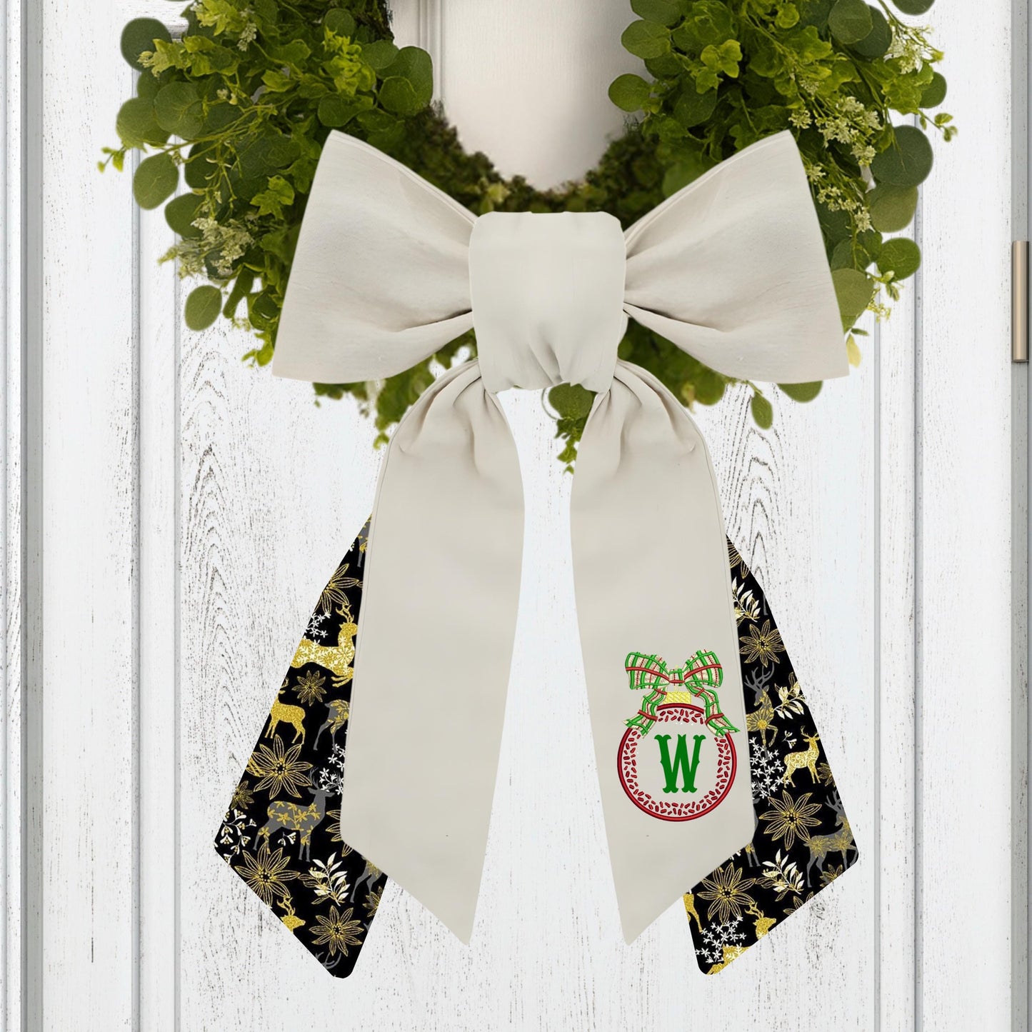 Embroidered Christmas Wreath Sash: Coordinating Sash Available - Holiday Door Hanger - Personalized Ornament Decor