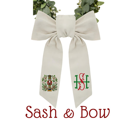 Embroidered Christmas Wreath Sash: Coordinating Sash Available - Holiday Door Hanger - Personalized Nutcracker Front Door Decor