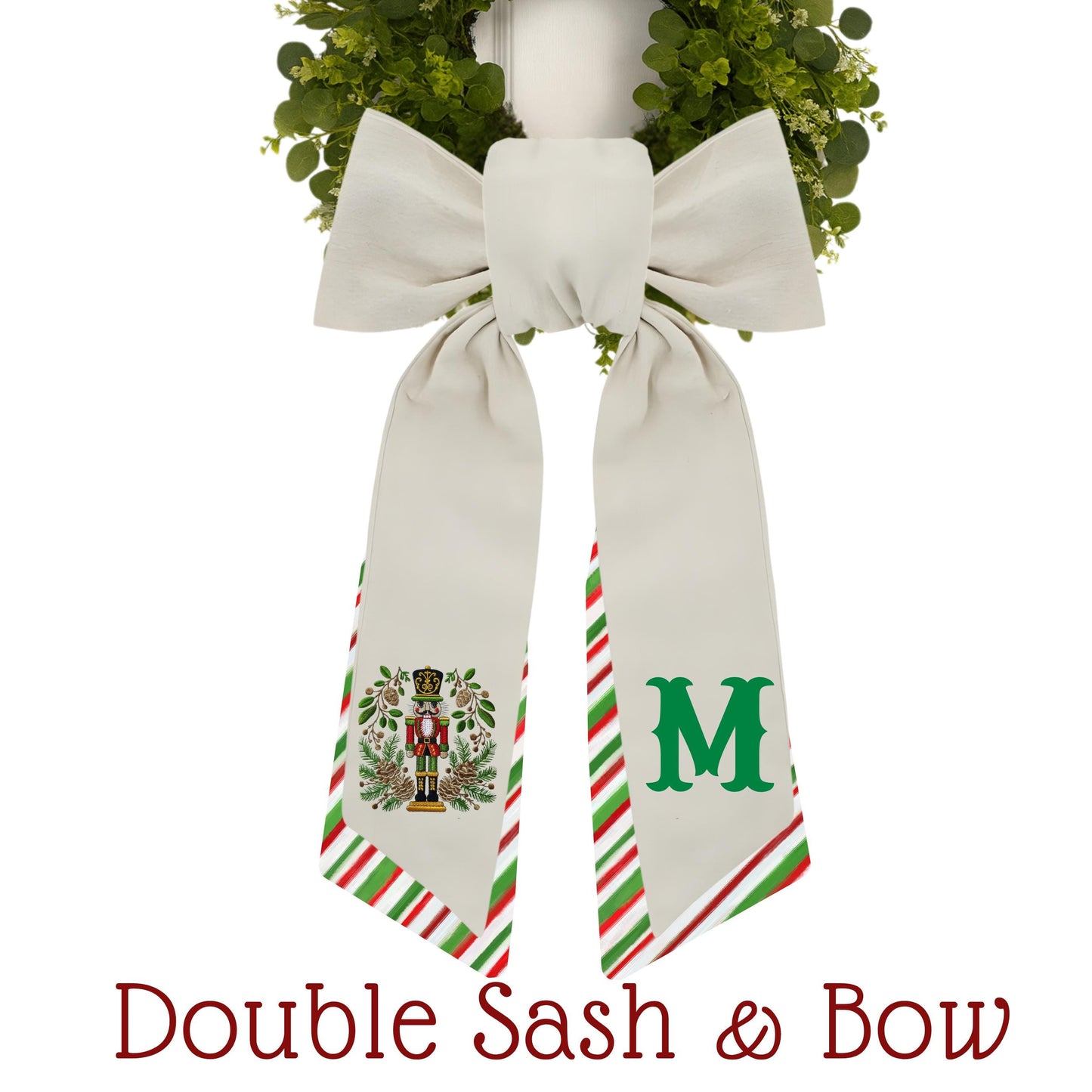 Embroidered Christmas Wreath Sash: Coordinating Sash Available - Holiday Door Hanger - Personalized Nutcracker Front Door Decor
