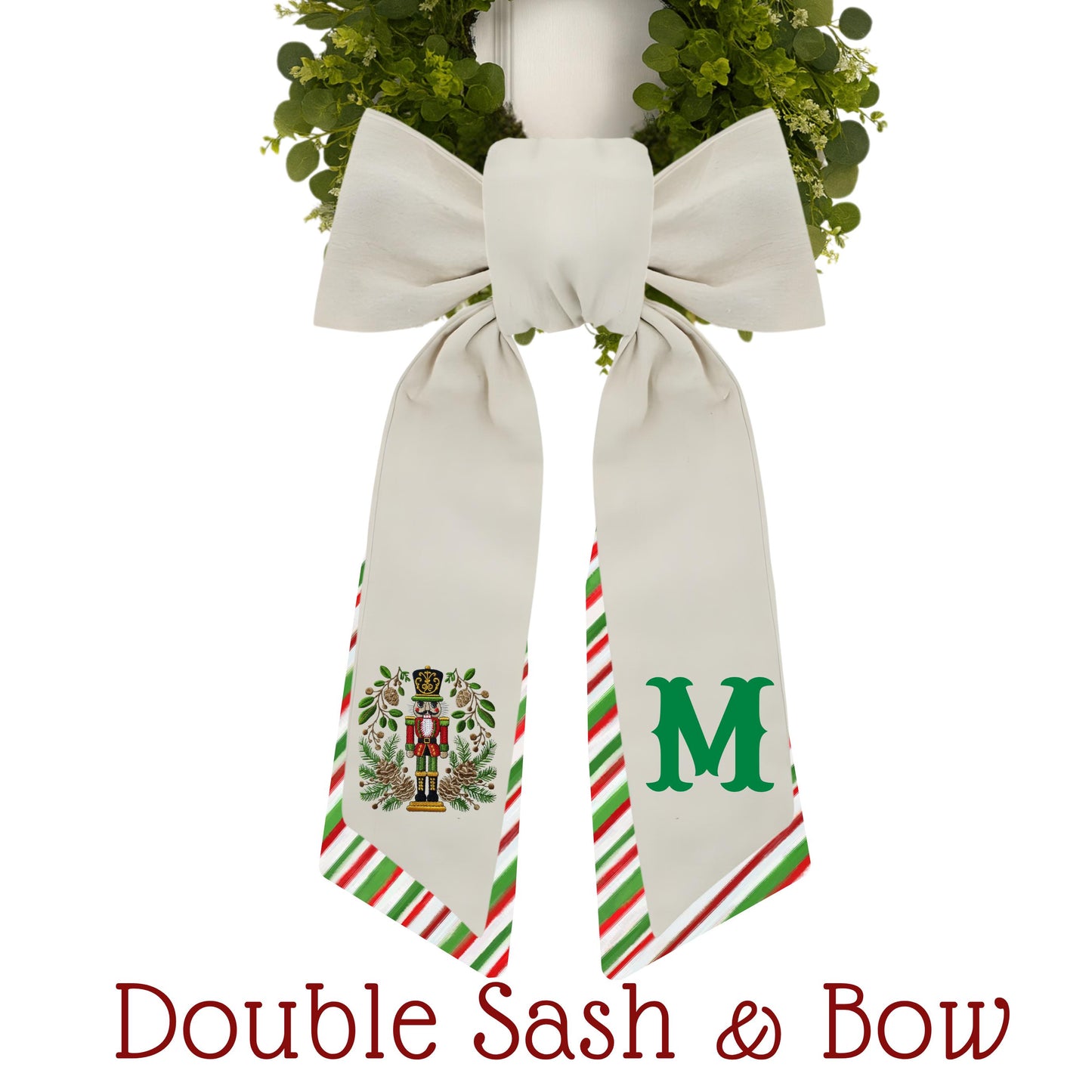 Embroidered Christmas Wreath Sash: Coordinating Sash Available - Holiday Door Hanger - Personalized Nutcracker Front Door Decor