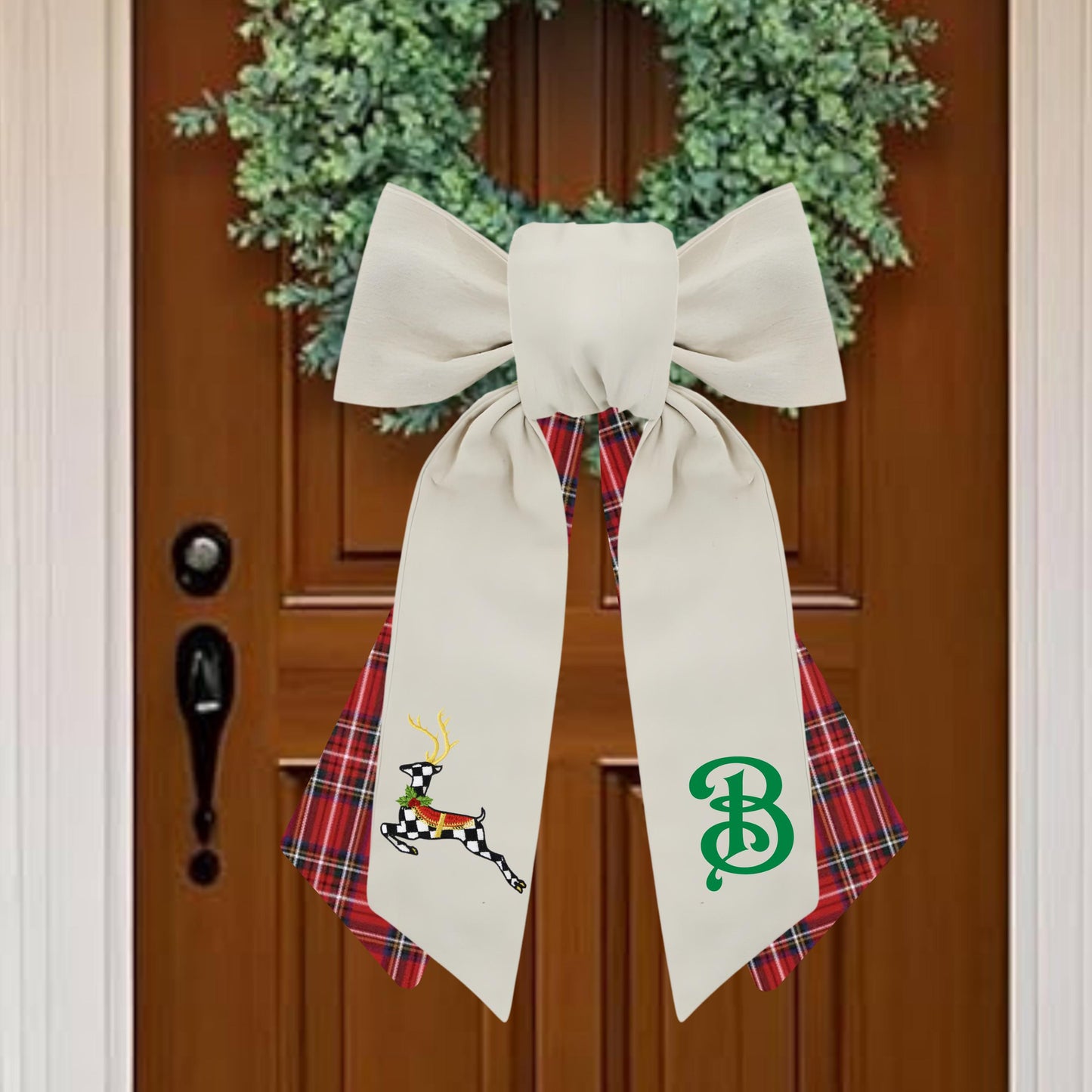 Black & White Courtly Check Embroidered Christmas Wreath Sash: Coordinating Sash Available - Holiday Door Hanger - Personalized Deer Door