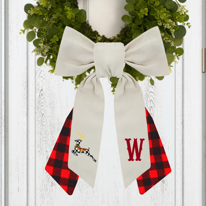 Black & White Courtly Check Embroidered Christmas Wreath Sash: Coordinating Sash Available - Holiday Door Hanger - Personalized Deer Door