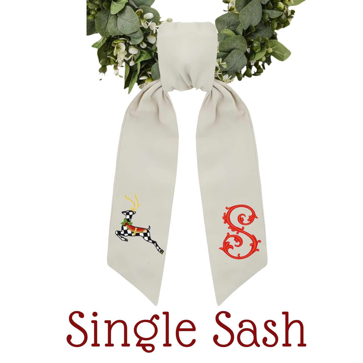 Black & White Courtly Check Embroidered Christmas Wreath Sash: Coordinating Sash Available - Holiday Door Hanger - Personalized Deer Door