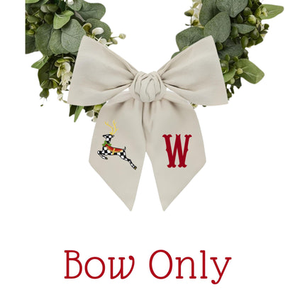 Black & White Courtly Check Embroidered Christmas Wreath Sash: Coordinating Sash Available - Holiday Door Hanger - Personalized Deer Door