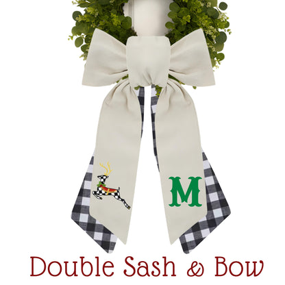Black & White Courtly Check Embroidered Christmas Wreath Sash: Coordinating Sash Available - Holiday Door Hanger - Personalized Deer Door