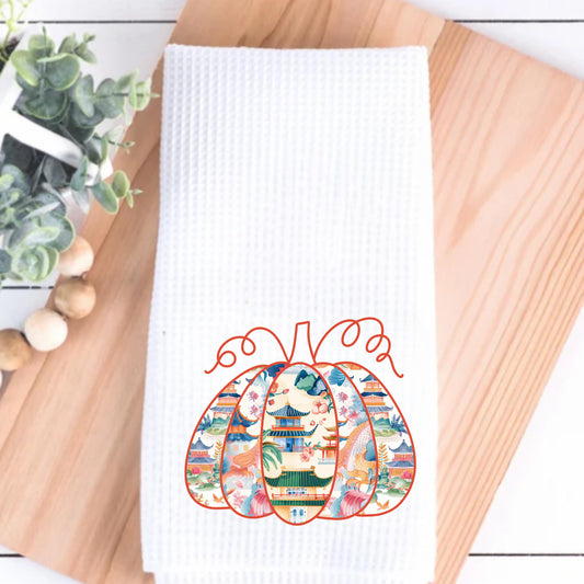 Personalized Fall Chinoiserie Pagoda Tea Towel Set: Preppy Eastern Pumpkin Kitchen Decor