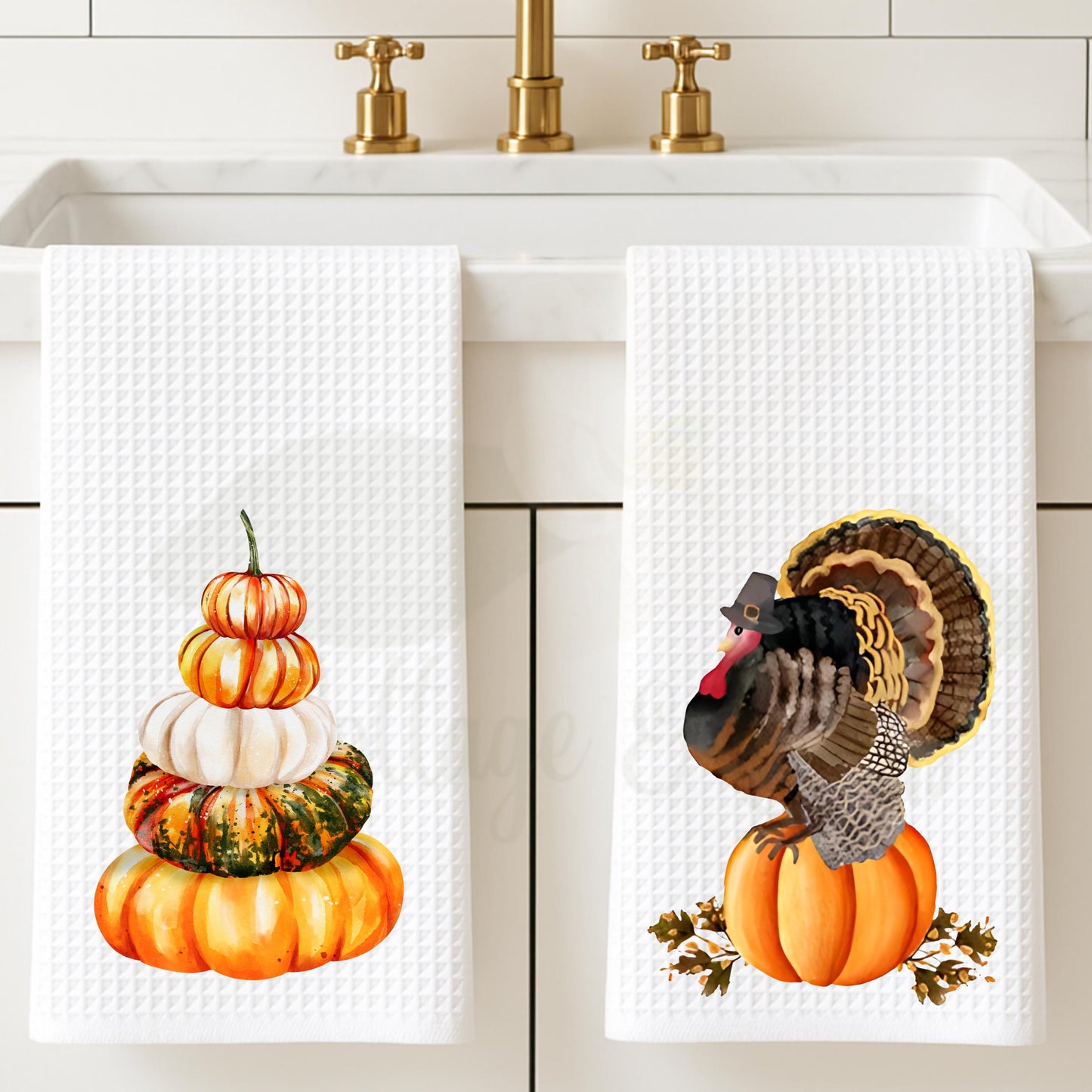 Fall Thanksgiving Turkey & Pumpkin Holiday Tea Towel -  Personalized Kitchen Decor