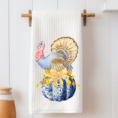 Fall Thanksgiving Turkey & Pumpkin Holiday Tea Towel -  Personalized Kitchen Decor