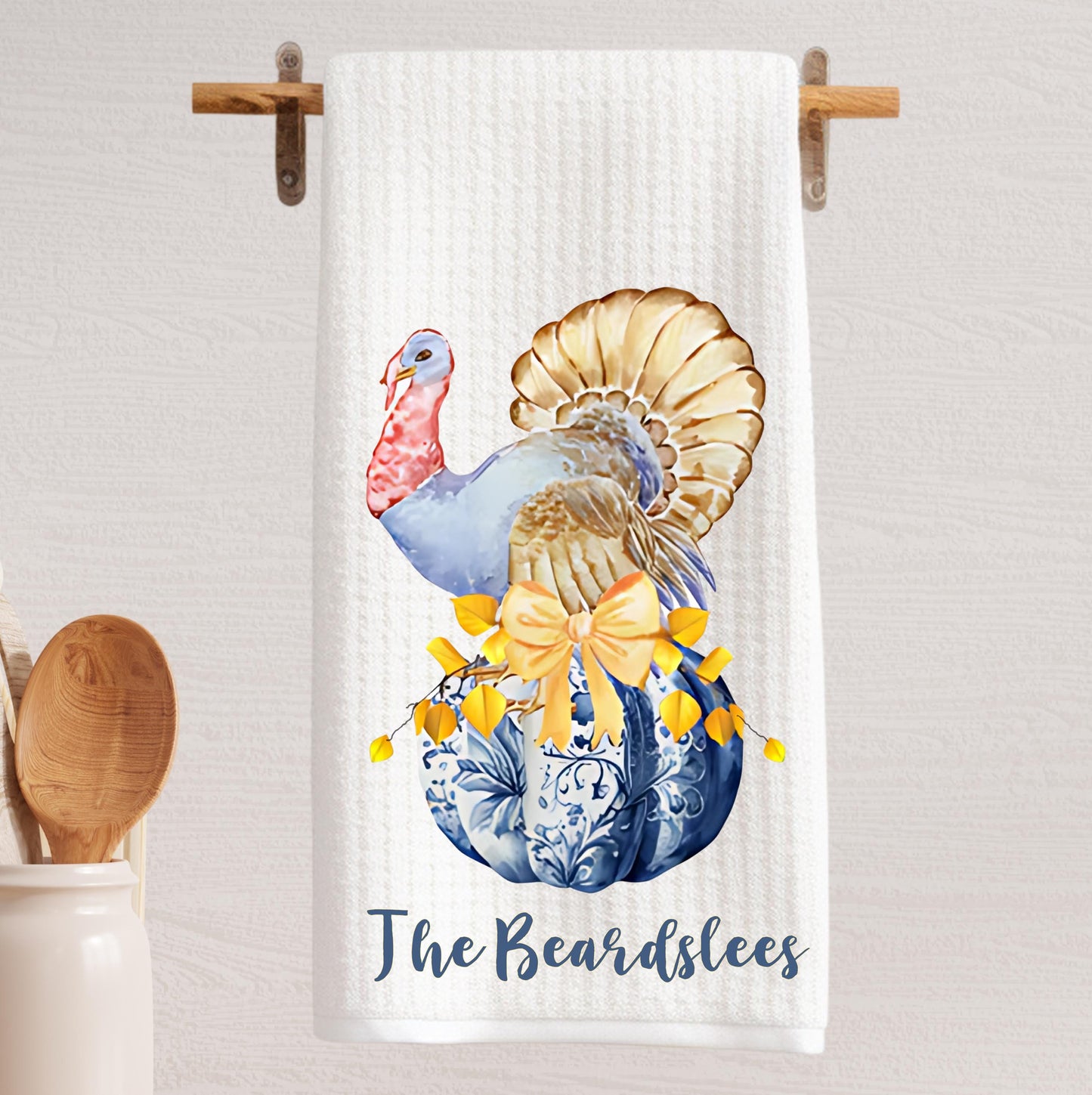 Fall Thanksgiving Turkey & Pumpkin Holiday Tea Towel -  Personalized Kitchen Decor