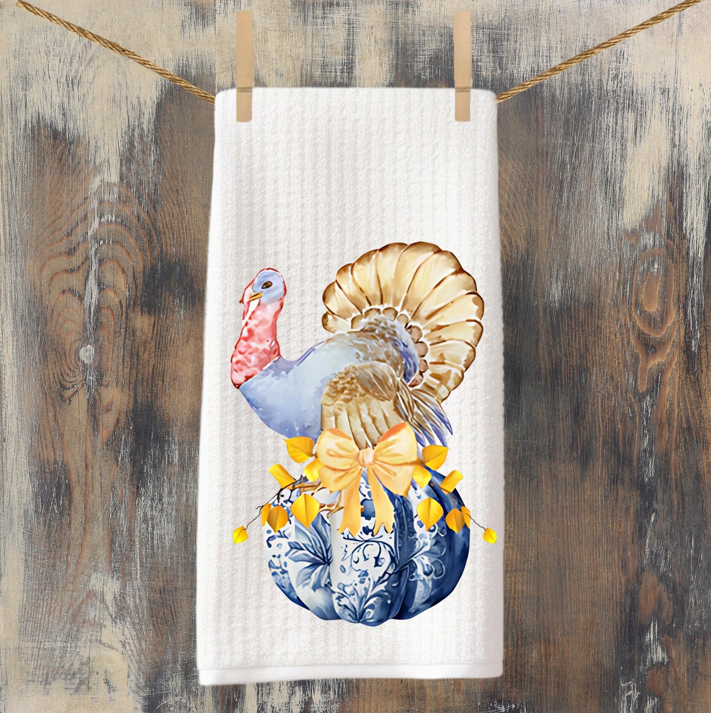 Fall Thanksgiving Turkey & Pumpkin Holiday Tea Towel -  Personalized Kitchen Decor