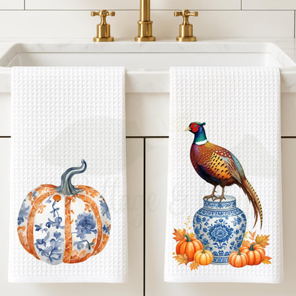 Fall Pheasant & Pumpkin Holiday Tea Towel -  Personalized Kitchen Decor