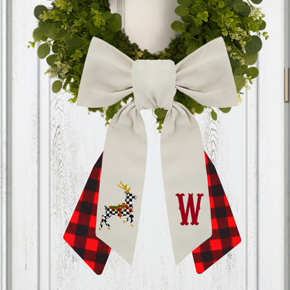 Monogrammed Christmas Wreath Sash: Black & White Courtly Check, Embroidered Deer