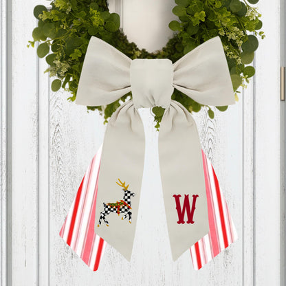 Monogrammed Christmas Wreath Sash: Black & White Courtly Check, Embroidered Deer