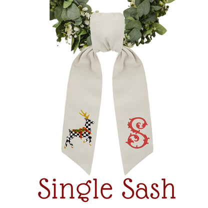 Monogrammed Christmas Wreath Sash: Black & White Courtly Check, Embroidered Deer