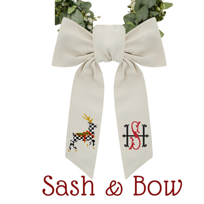 Embroidered Christmas Wreath Sash: Personalized Holiday, Courtly Check Door Hanger
