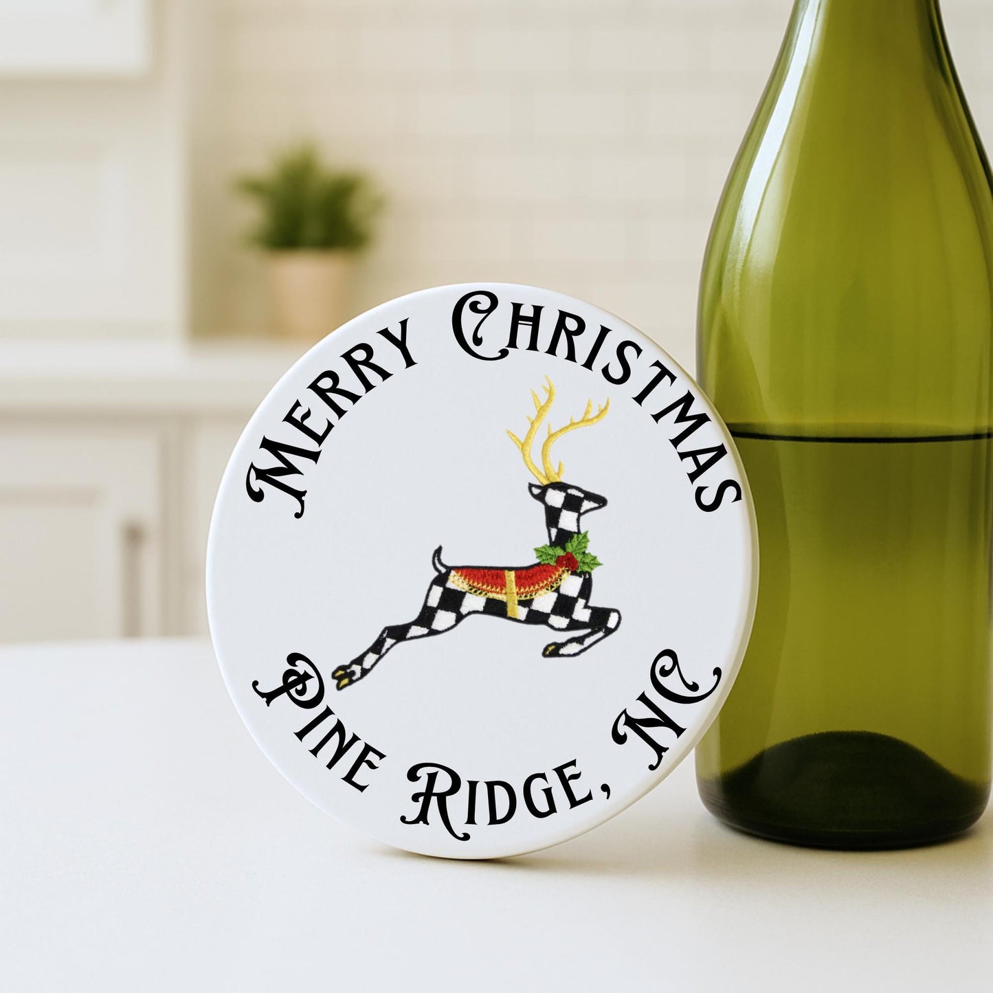 Personalized Black and White Check Ceramic Coaster Set, Bar Cart Elegant Home Decor