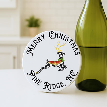 Personalized Black and White Check Ceramic Coaster Set, Bar Cart Elegant Home Decor