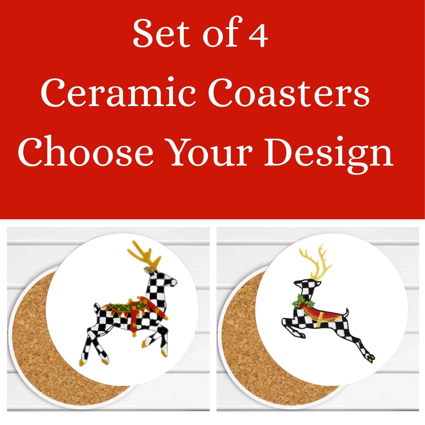 Personalized Black and White Check Ceramic Coaster Set, Bar Cart Elegant Home Decor