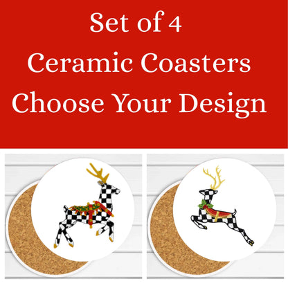 Personalized Black and White Check Ceramic Coaster Set, Bar Cart Elegant Home Decor