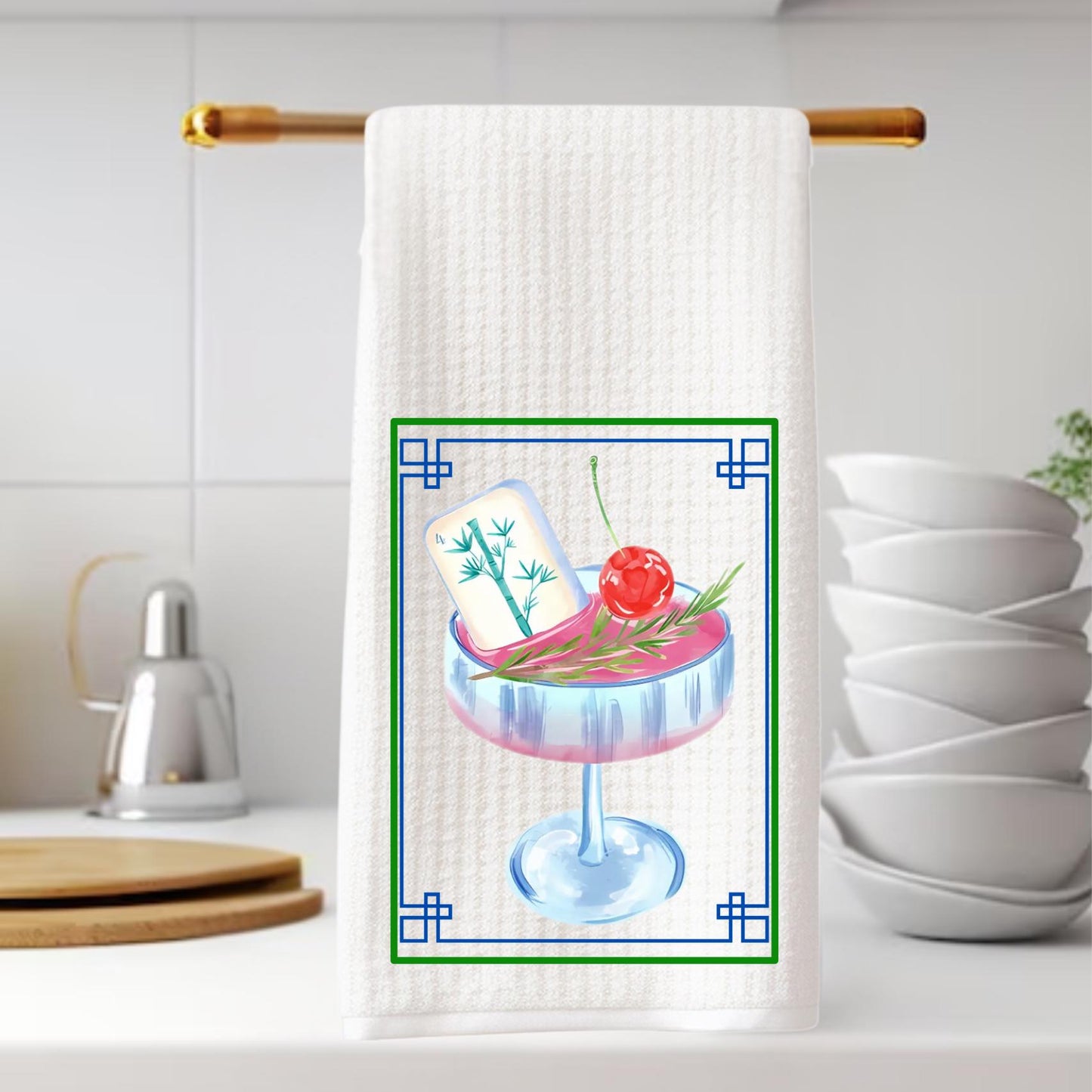 Mahjong Tea Towel Cocktail Set of Two Waffle Weave Tea Towels: Chinoiserie Tile Print, Grand Millennial Decor