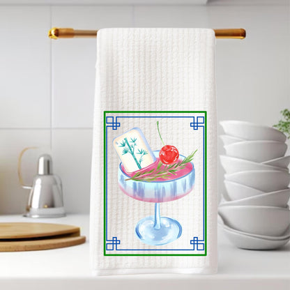Mahjong Tea Towel Cocktail Set of Two Waffle Weave Tea Towels: Chinoiserie Tile Print, Grand Millennial Decor