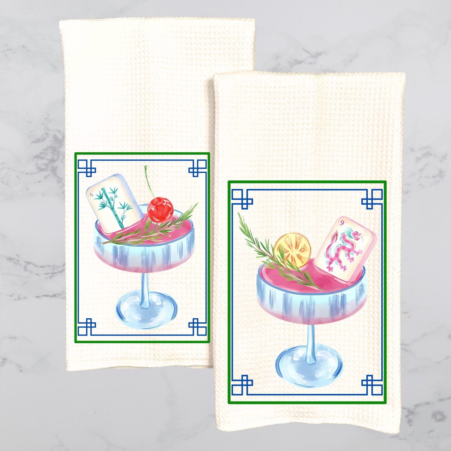 Mahjong Tea Towel Cocktail Set of Two Waffle Weave Tea Towels: Chinoiserie Tile Print, Grand Millennial Decor