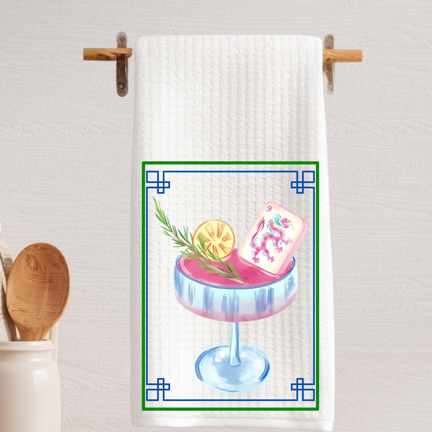 Mahjong Tea Towel Cocktail Set of Two Waffle Weave Tea Towels: Chinoiserie Tile Print, Grand Millennial Decor
