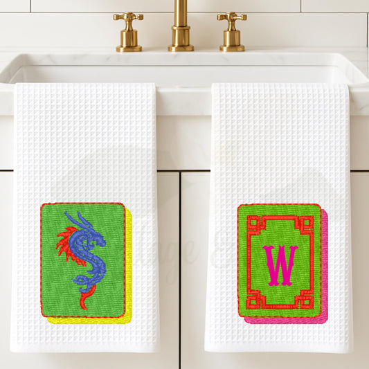 Mahjong Tea Towel Collection: Chinoiserie Tile Print, Grand Millennial Decor, Personalized Mahjong Player Gift