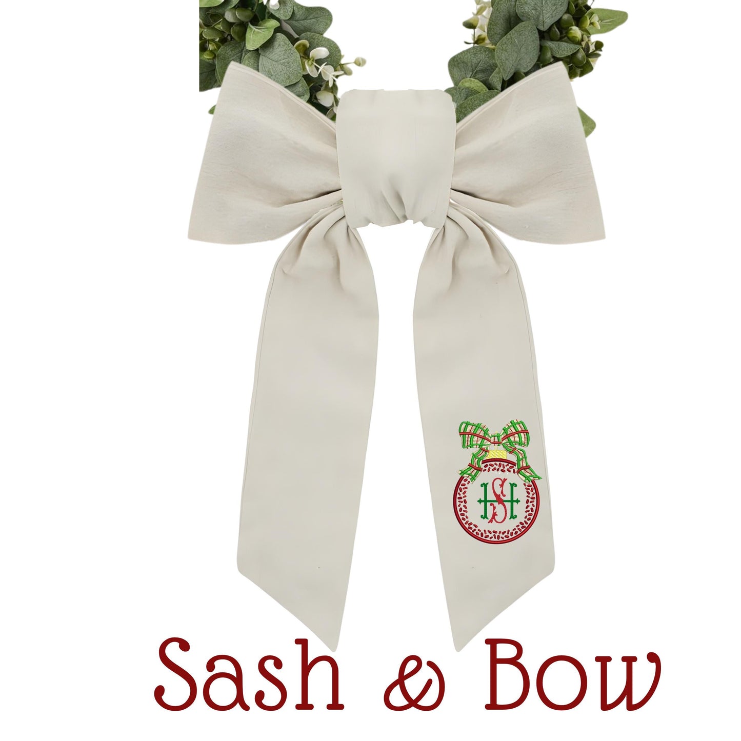 Embroidered Christmas Wreath Sash: Coordinating Sash Available - Holiday Door Hanger - Personalized Ornament Decor