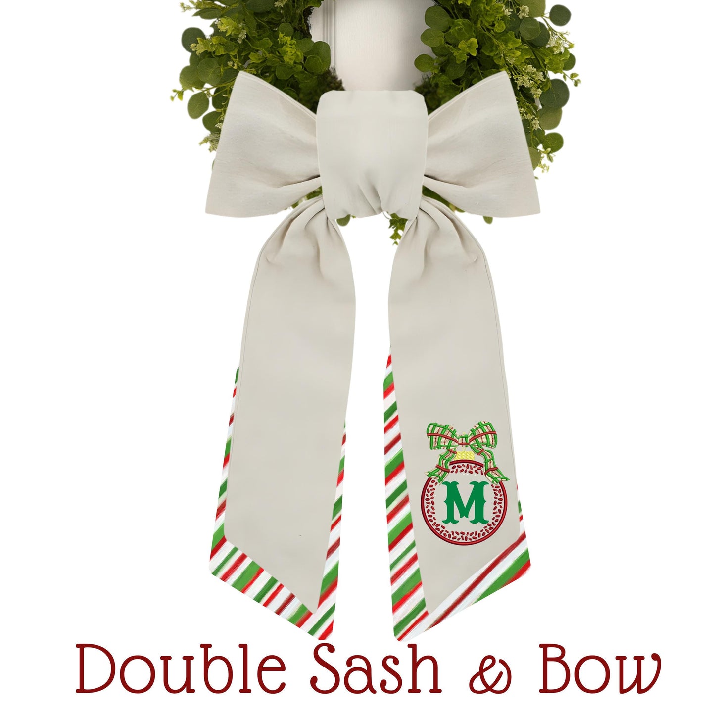 Embroidered Christmas Wreath Sash: Coordinating Sash Available - Holiday Door Hanger - Personalized Ornament Decor
