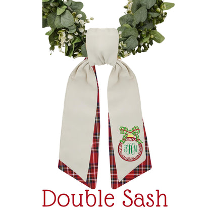 Embroidered Christmas Wreath Sash: Coordinating Sash Available - Holiday Door Hanger - Personalized Ornament Decor