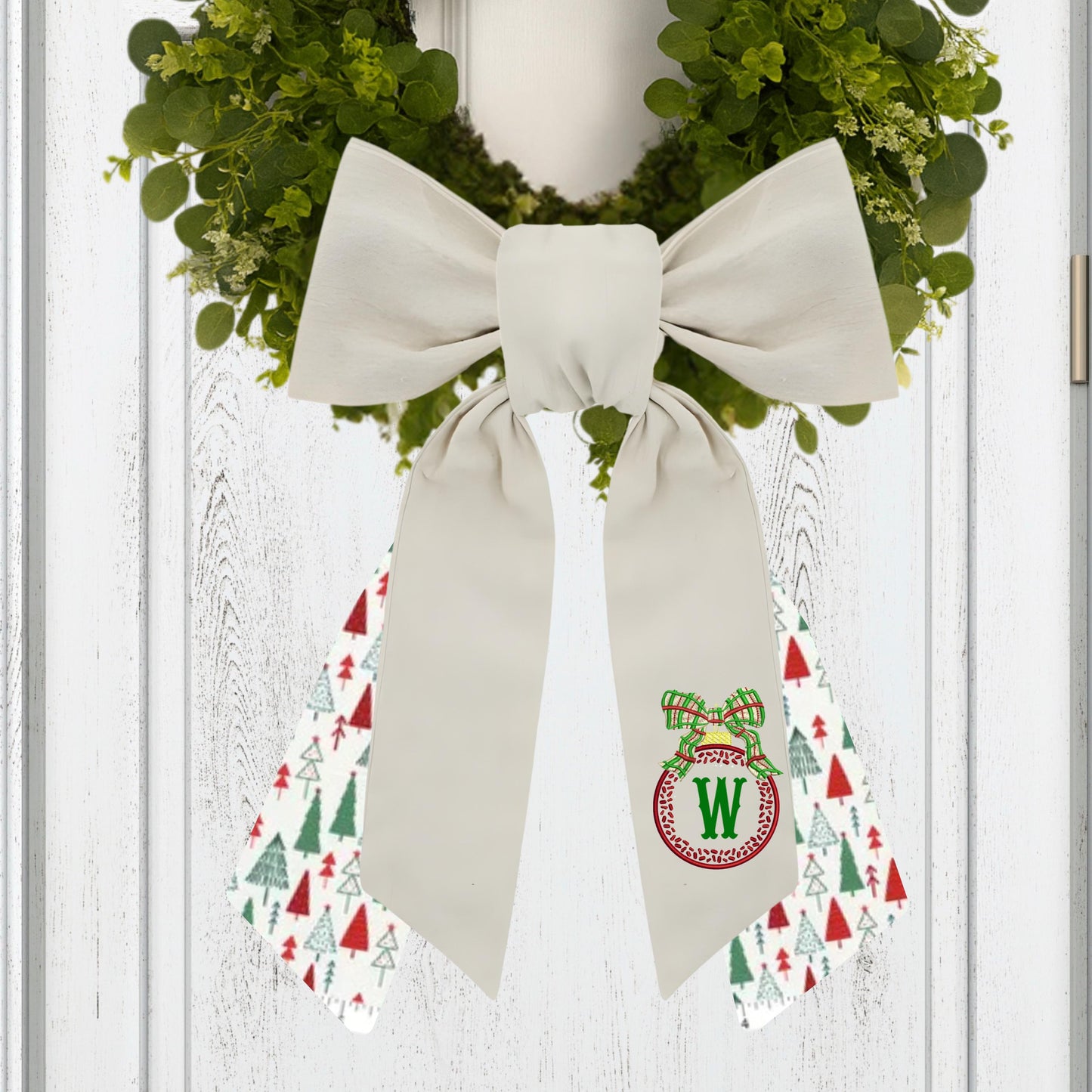 Embroidered Christmas Wreath Sash: Coordinating Sash Available - Holiday Door Hanger - Personalized Ornament Decor