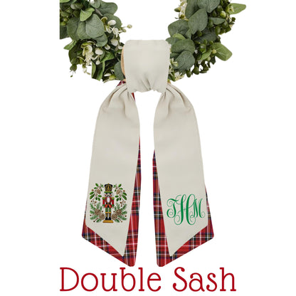 Embroidered Christmas Wreath Sash: Coordinating Sash Available - Holiday Door Hanger - Personalized Nutcracker Front Door Decor