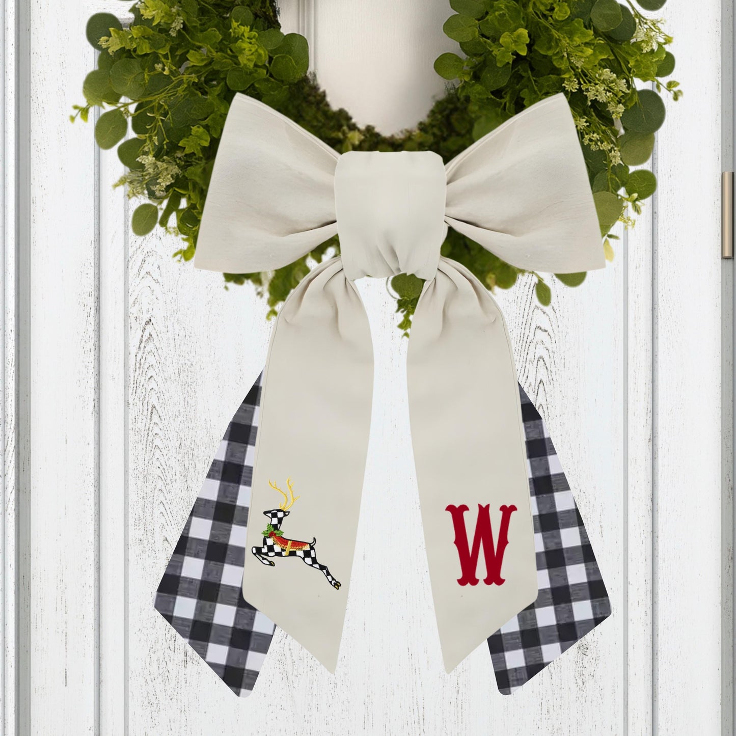 Black & White Courtly Check Embroidered Christmas Wreath Sash: Coordinating Sash Available - Holiday Door Hanger - Personalized Deer Door