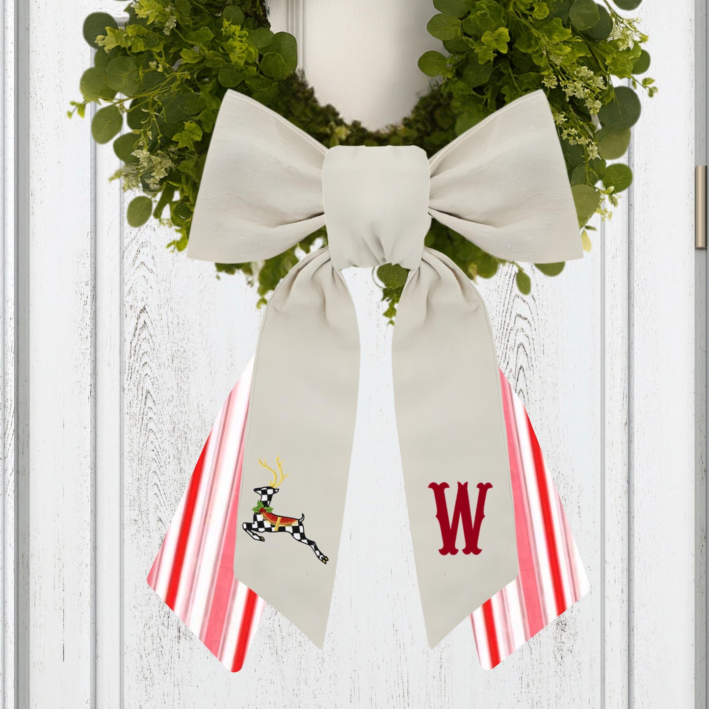 Black & White Courtly Check Embroidered Christmas Wreath Sash: Coordinating Sash Available - Holiday Door Hanger - Personalized Deer Door