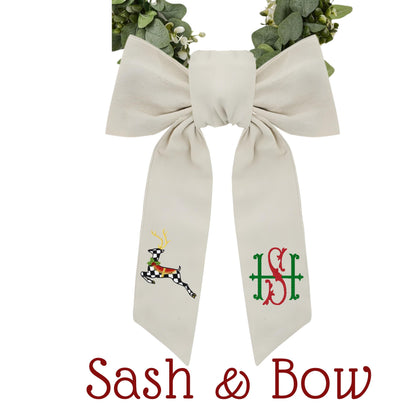 Black & White Courtly Check Embroidered Christmas Wreath Sash: Coordinating Sash Available - Holiday Door Hanger - Personalized Deer Door