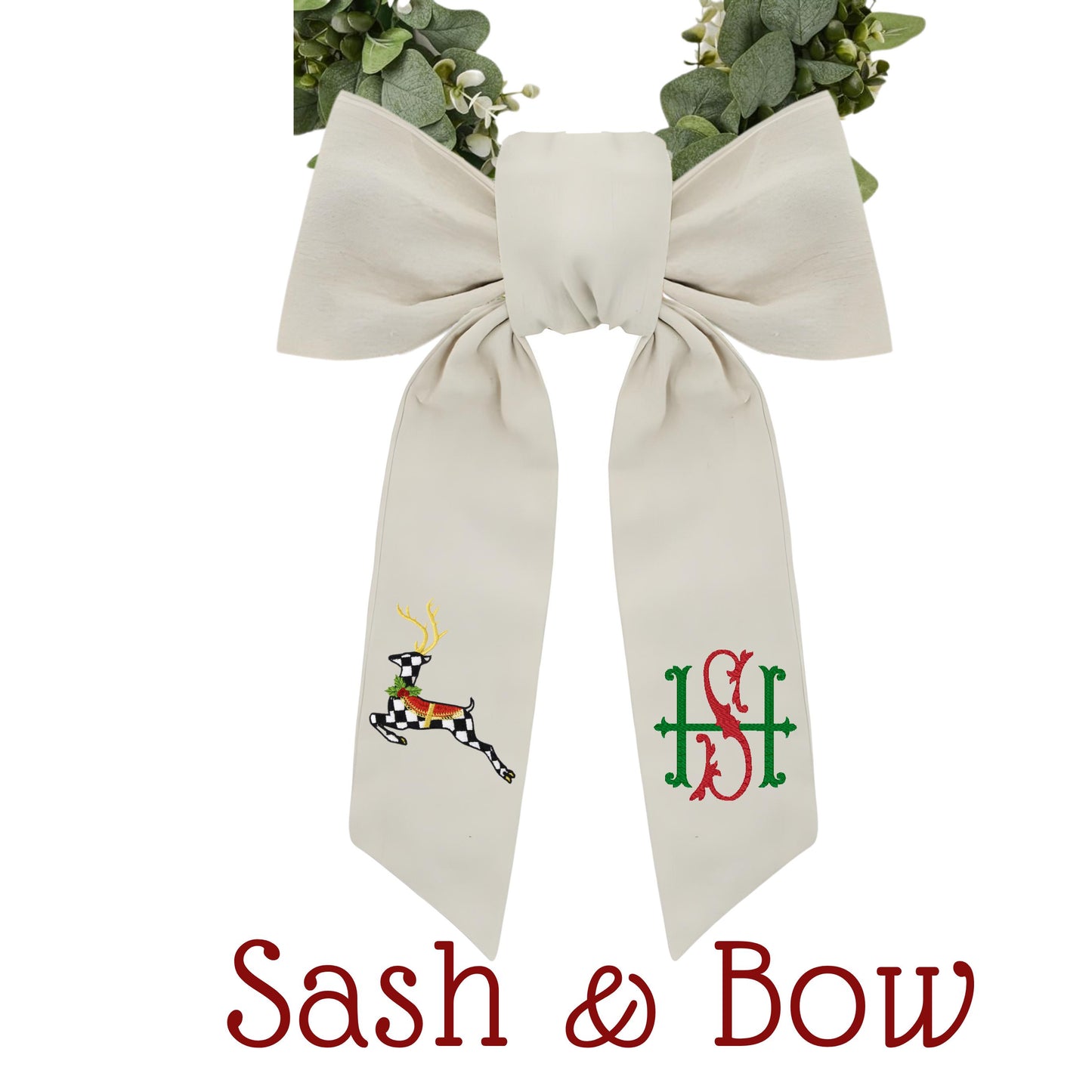 Black & White Courtly Check Embroidered Christmas Wreath Sash: Coordinating Sash Available - Holiday Door Hanger - Personalized Deer Door