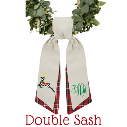 Black & White Courtly Check Embroidered Christmas Wreath Sash: Coordinating Sash Available - Holiday Door Hanger - Personalized Deer Door