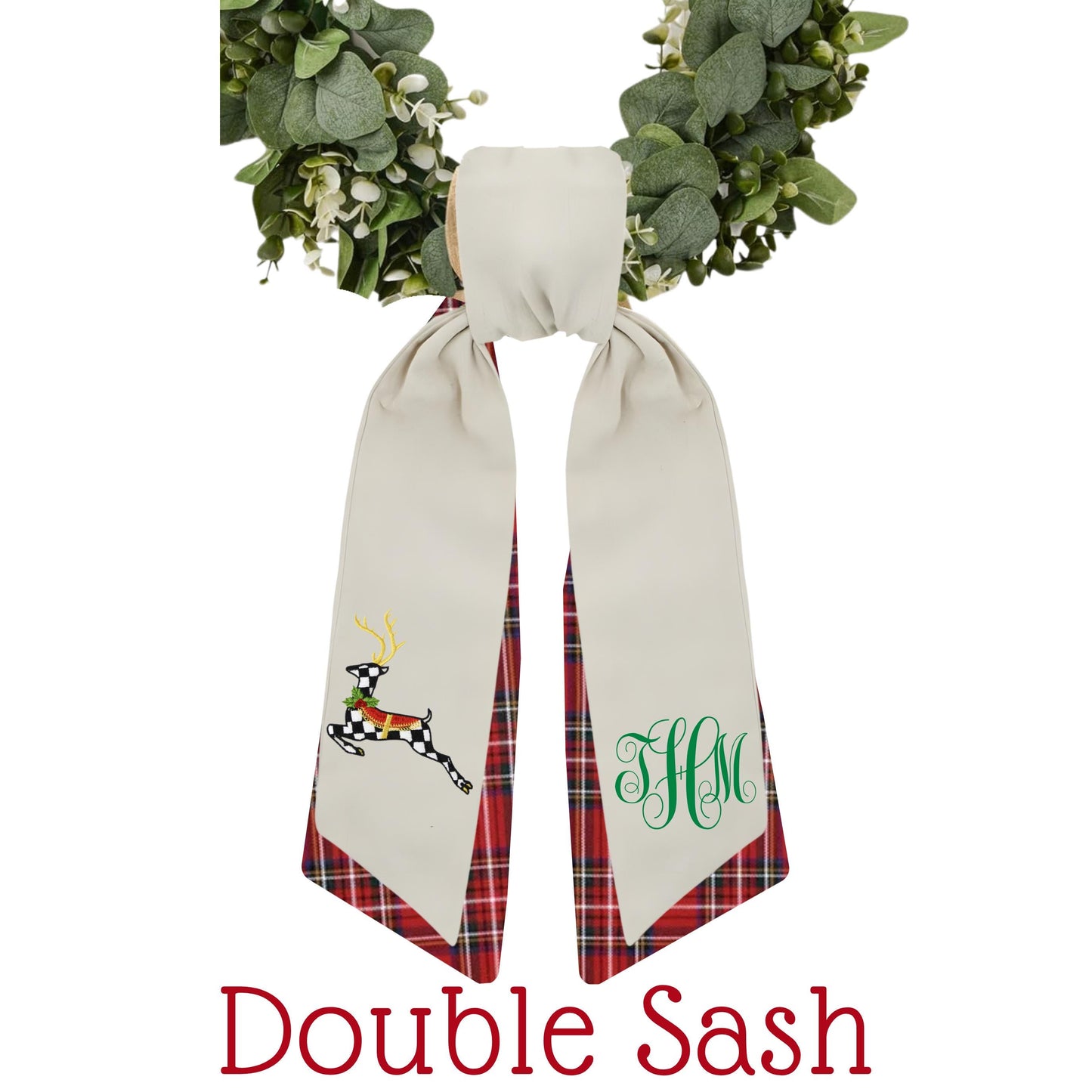 Black & White Courtly Check Embroidered Christmas Wreath Sash: Coordinating Sash Available - Holiday Door Hanger - Personalized Deer Door