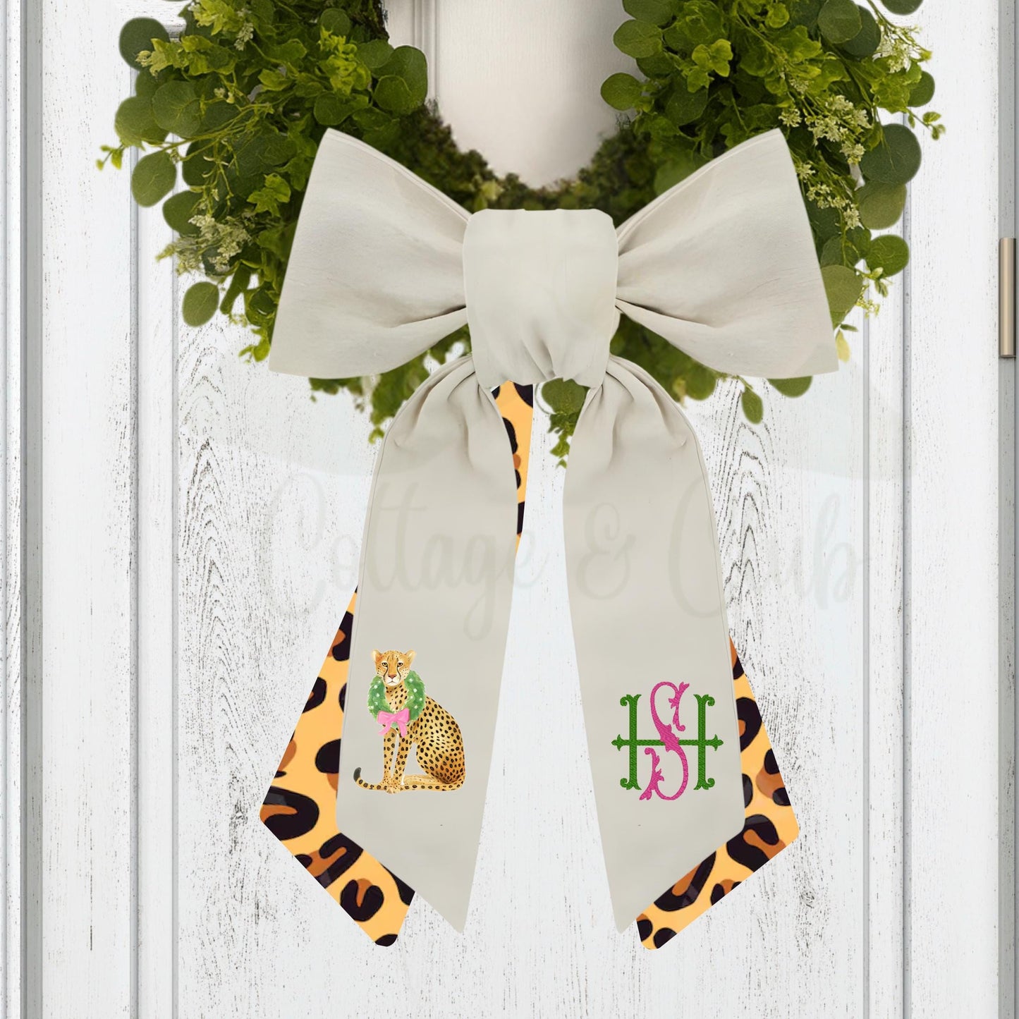 Pink and Green Cheetah Embroidered Wreath Sash with Coordinating Second Sash, Personalized Door Decor, Holiday Wreath Accessory