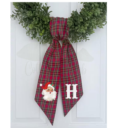 Vintage Santa Claus Embroidered Christmas Farmhouse Wreath Sash: Holiday Door Hanger