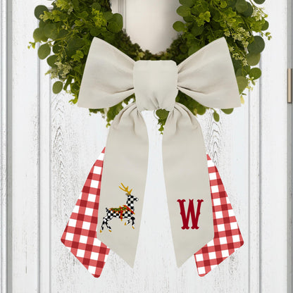 Personalized Embroidered Christmas Wreath Sash: Black and White Check, Holiday Farmhouse Deer Door Hanger