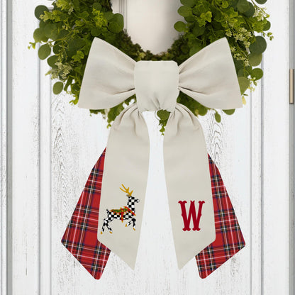 Personalized Embroidered Christmas Wreath Sash: Black and White Check, Holiday Farmhouse Deer Door Hanger