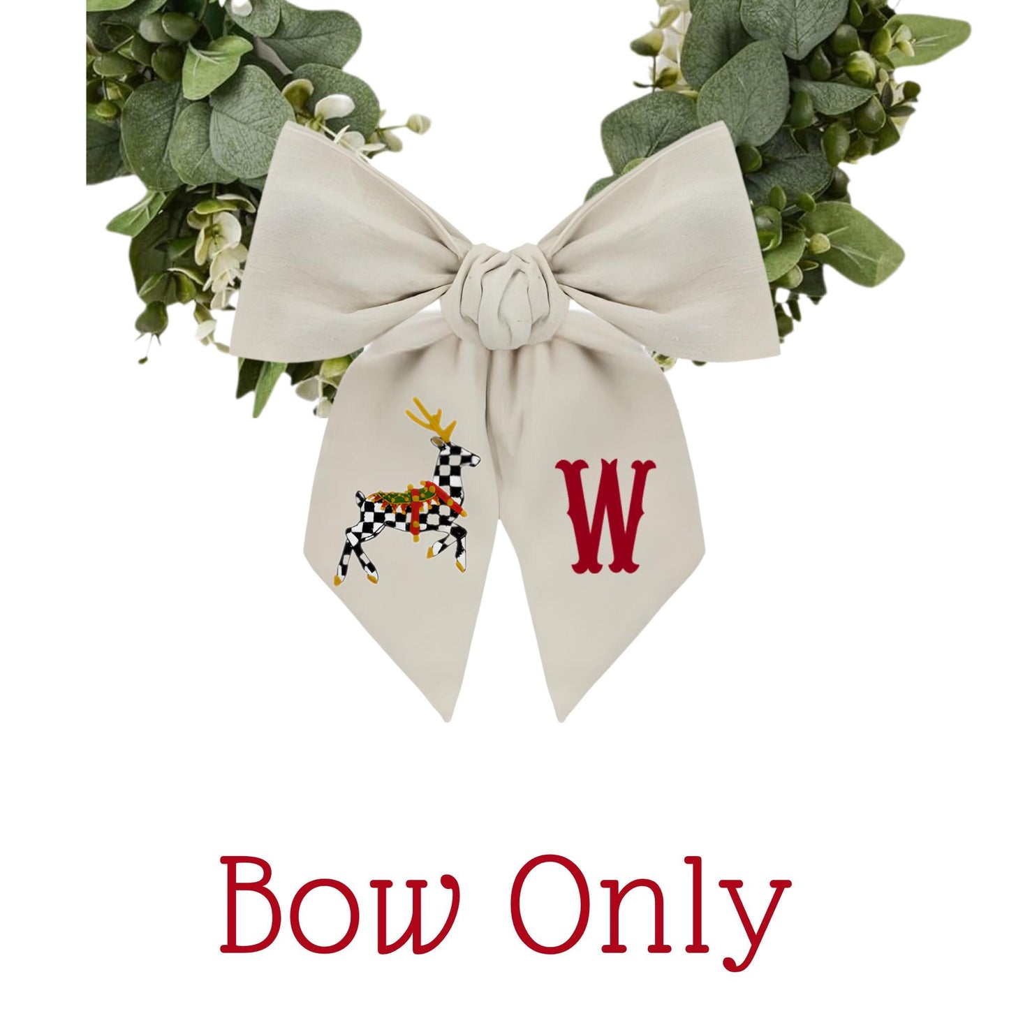 Personalized Embroidered Christmas Wreath Sash: Black and White Check, Holiday Farmhouse Deer Door Hanger